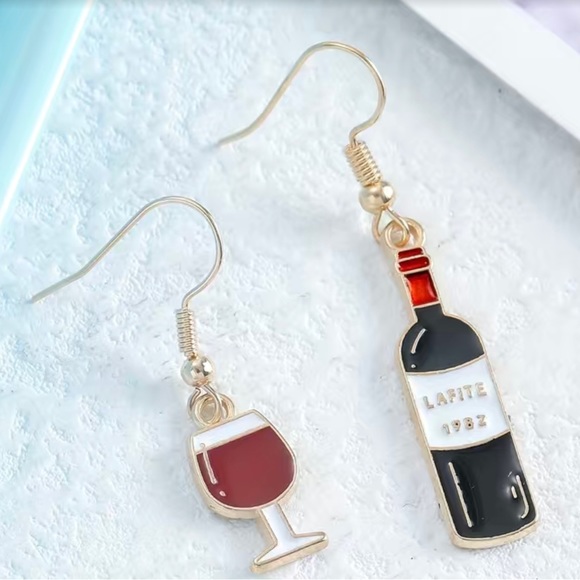 Wine and Glass Asymmetrical Earrings - Picture 2 of 3